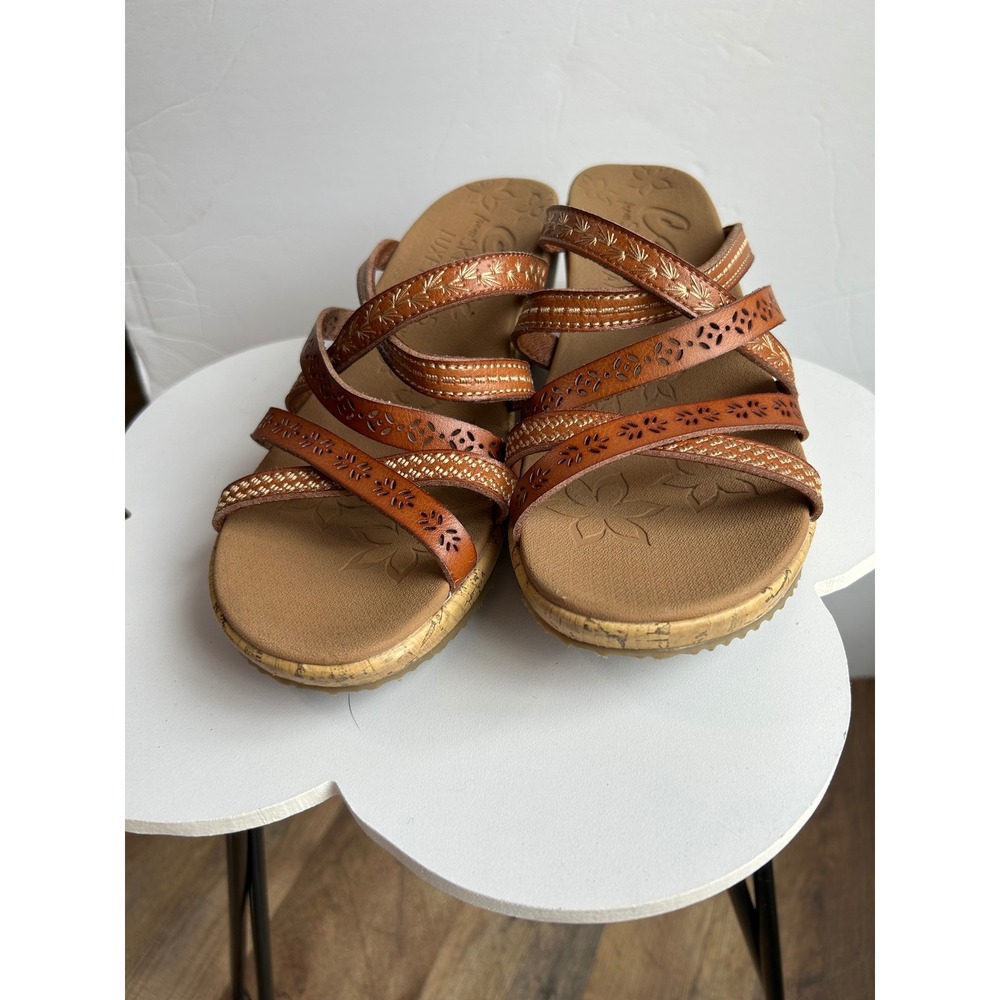 Skechers Cali Luxe Foam Wedge Sandals Brown Boho Laser Cut Floral Slides - Picture 10 of 10